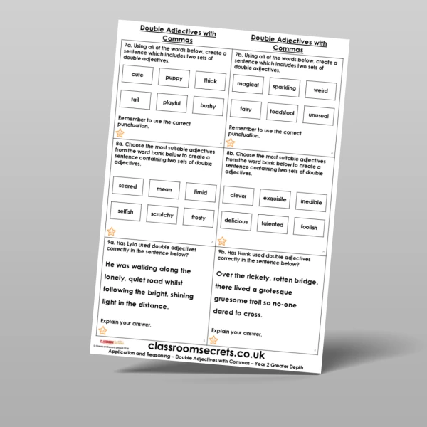 An image of the Double Adjectives with Commas Application and Reasoning Resource