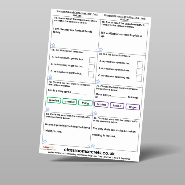 An image of the Comparing and Correcting '-ing', '-ed' and '-er' Varied Fluency Resource