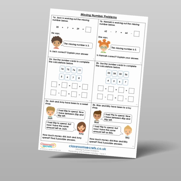 An image of the Missing Number Problems Reasoning and Problem Solving Resource