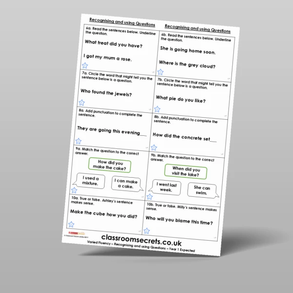 An image of the Recognising and using Questions Varied Fluency Resource