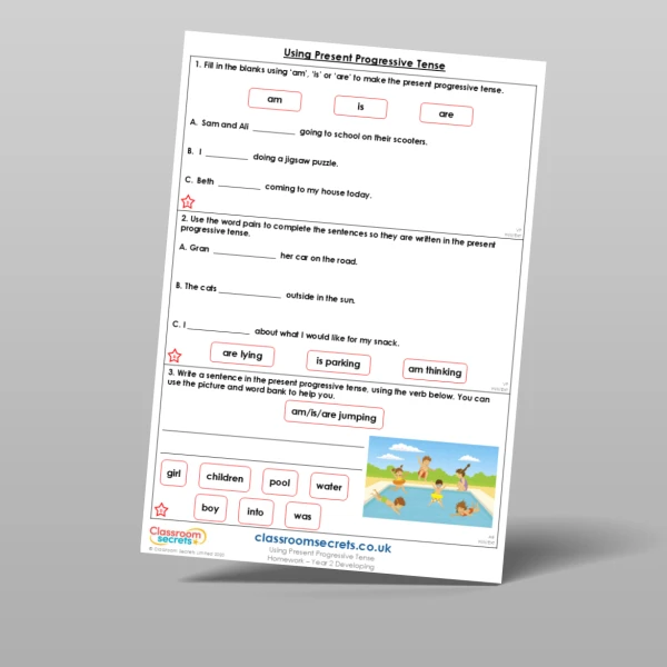 An image of the Using Present Progressive Tense Homework Resource