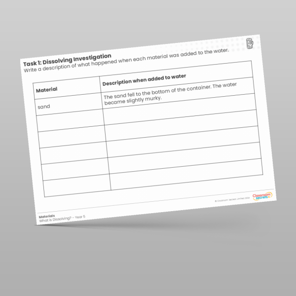 Year 5 Dissolving Investigation Worksheet Resource | Classroom Secrets