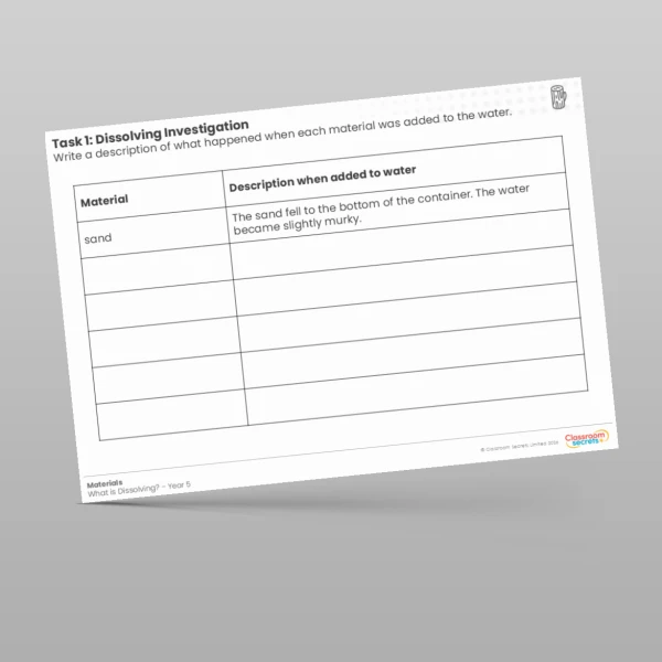 An image of the Lesson 2 Dissolving Investigation Worksheet Resource
