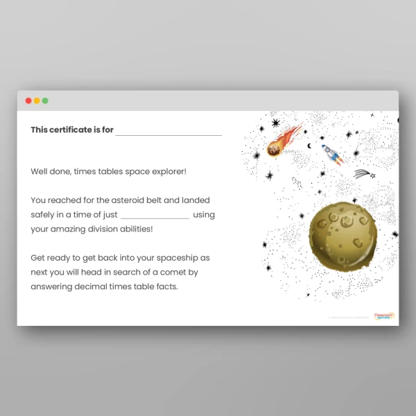 An image of the Challenge 12 Asteroids Division Times Tables Resource