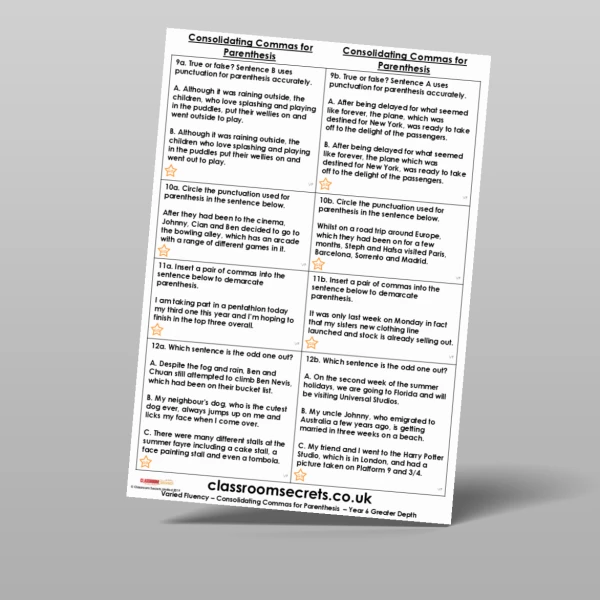 An image of the Consolidating Commas for Parenthesis Varied Fluency Resource