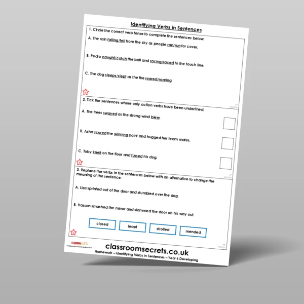 An image of the Free Identifying Verbs in Sentences Homework Resource
