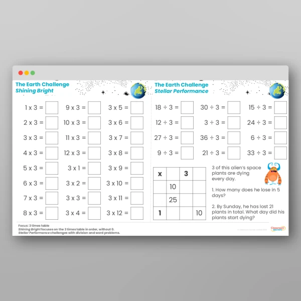 An image of the Challenge 4 Earth 3 Times Table Resource