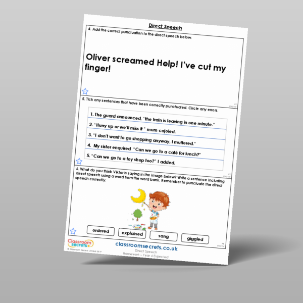 Year 4 Direct Speech Homework Resource | Classroom Secrets