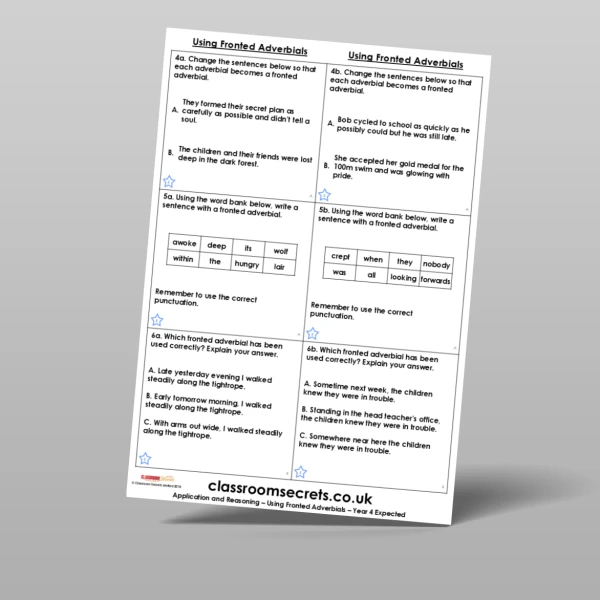 An image of the Using Fronted Adverbials Application and Reasoning Resource