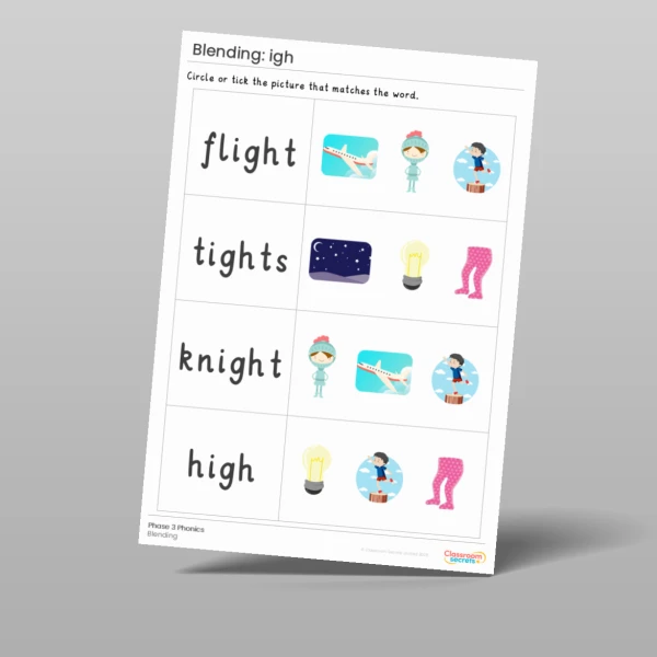 An image of the Phonics Blending Activities: igh Resource