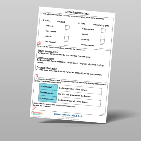An image of the Consolidating Tenses Homework Resource