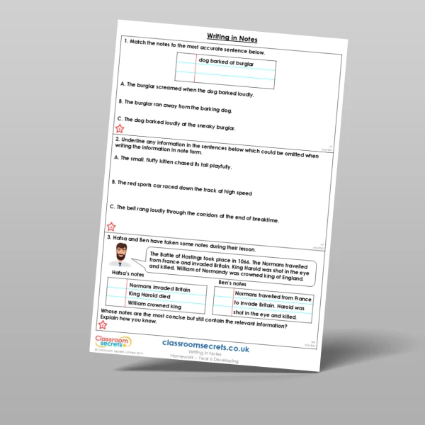 An image of the Writing in Notes Homework Resource
