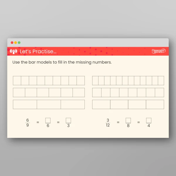 An image of the Equivalent Fractions as Bar Models Teaching PPT Resource