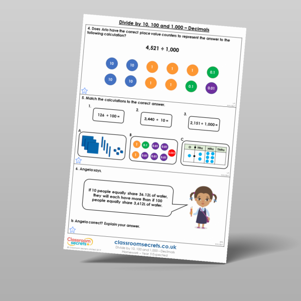 Year 5 Divide By 10 100 And 1 000 Decimals Homework Resource ...