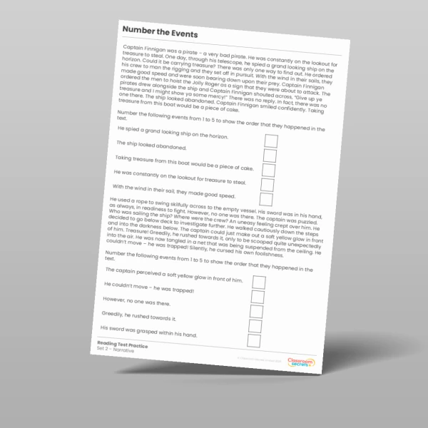 An image of the Number the Events Reading Test Practice Resource