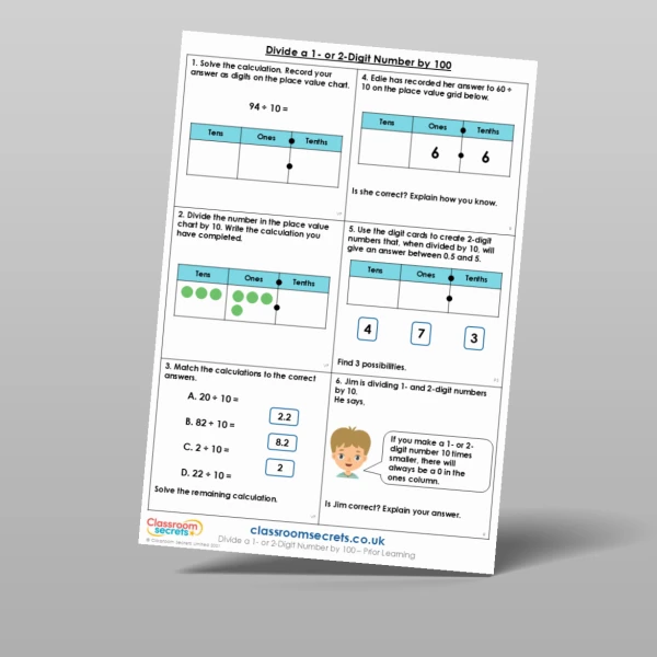 An image of the Divide a 1 or 2-Digit Number by 100 Prior Learning Resource