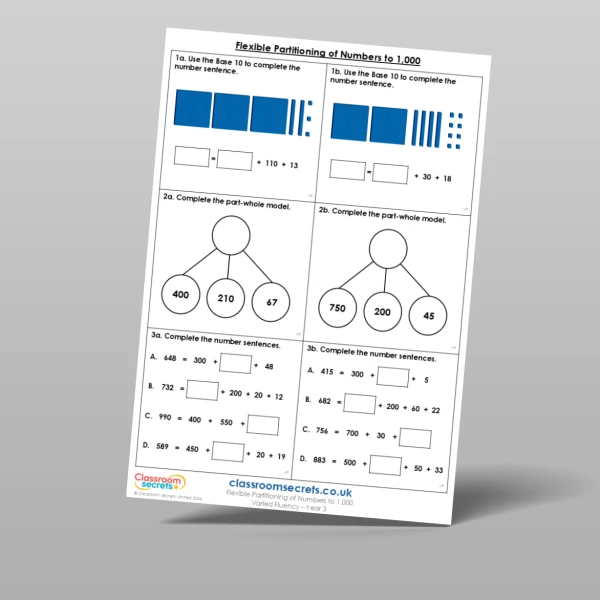 An image of the Flexible Partitioning of Numbers to 1,000 Varied Fluency Resource