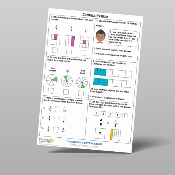 Year 3 Compare Fractions Mixed Activity Resource | Classroom Secrets