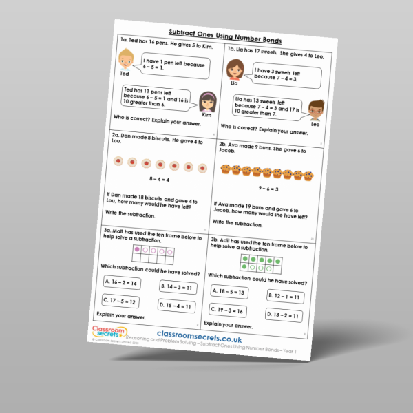 Year 1 Subtract Ones Using Number Bonds Reasoning And Problem Solving ...
