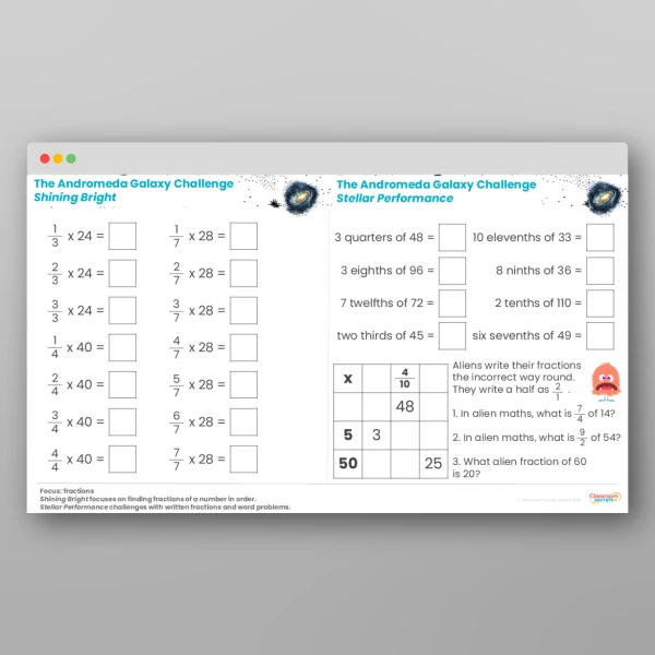 An image of the Challenge 14 The Andromeda Galaxy Fractions Times Tables Resource
