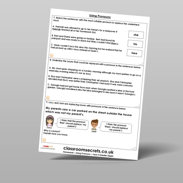 An image of the Using Pronouns Homework Resource