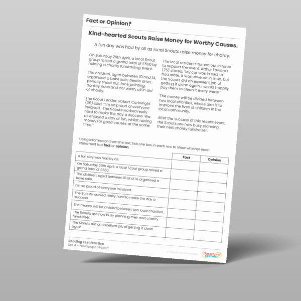 An image of the Fact or Opinion? Reading Test Practice Resource