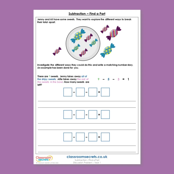 Year 1 Subtraction Find a Part Addition and Subtraction within 10 Deeper Reasoning Discussion Problem