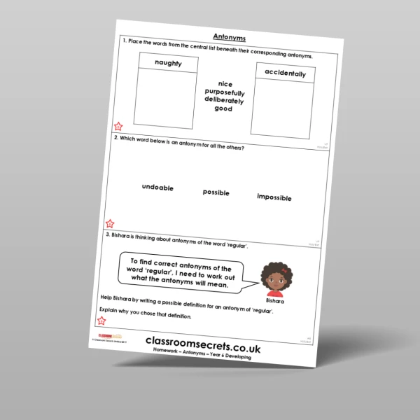An image of the Antonyms Homework Resource