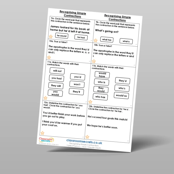 An image of the Free Recognising Simple Contractions Varied Fluency Resource