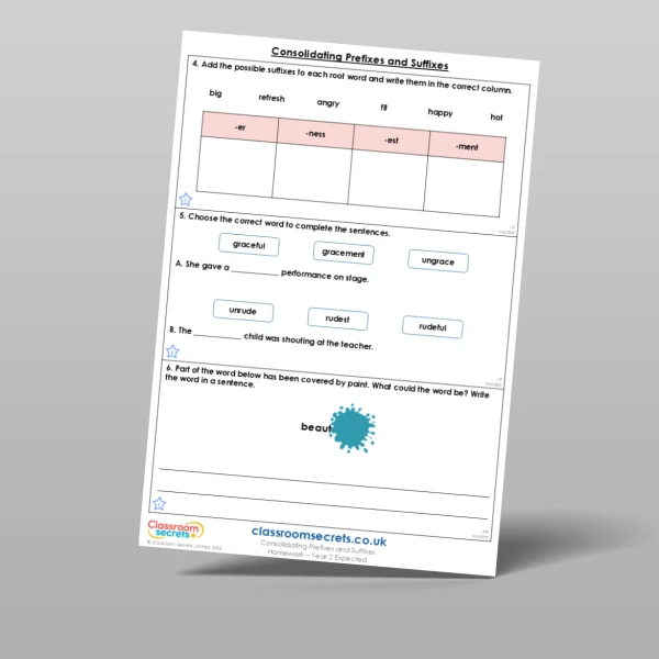 An image of the Consolidating Prefixes and Suffixes Homework Resource