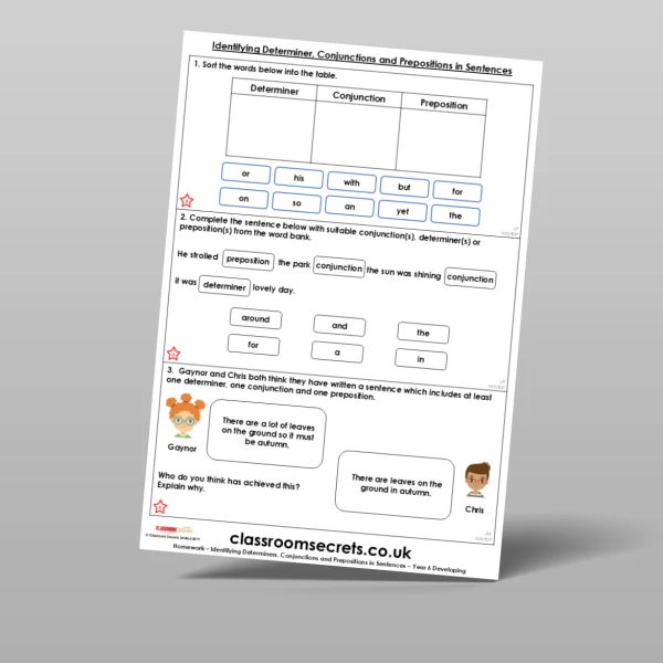 An image of the Identifying Determiners, Conjunctions and Prepositions in Sentences Homework Resource