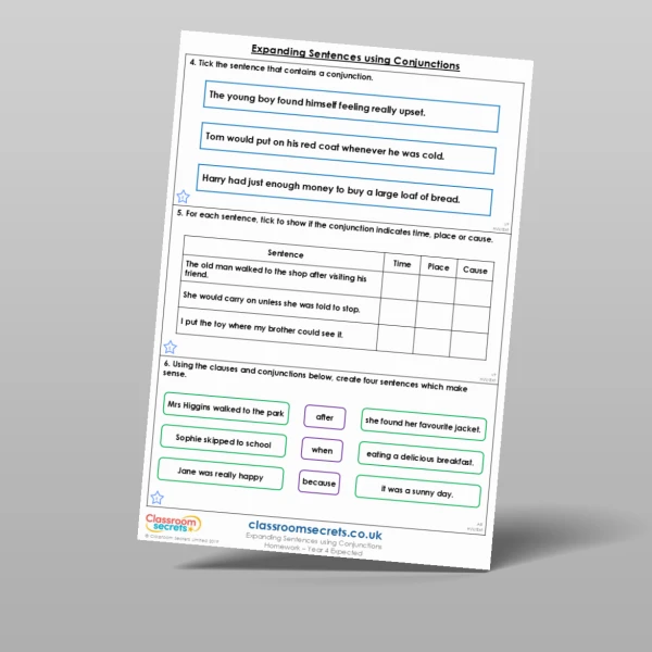 An image of the Expanding Sentences using Conjunctions Homework Resource