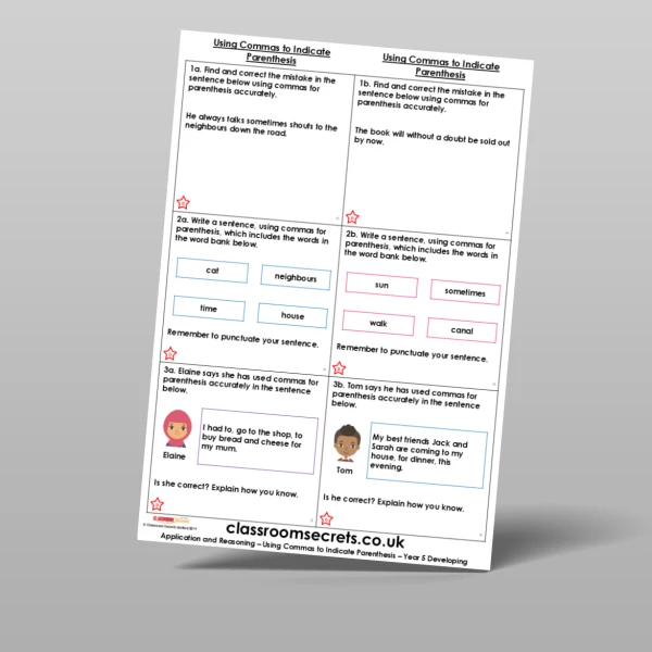 An image of the Using Commas to Indicate Parenthesis Application and Reasoning Resource