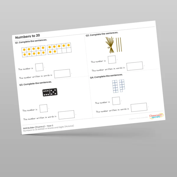 An image of the Numbers to 20 Written in Words and Digits (Pictorial) Skill Builder Resource