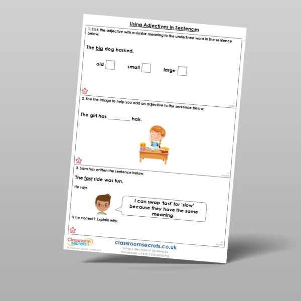 An image of the Using Adjectives in Sentences Homework Resource