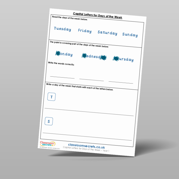 Year 1 Capital Letters For Days Of The Week Mixed Activity Resource ...