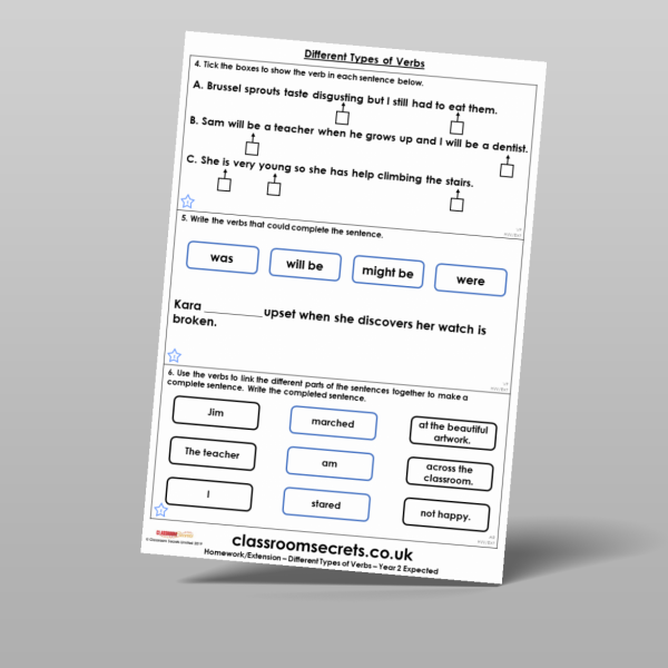Year 2 Different Types Of Verbs Homework Resource | Classroom Secrets