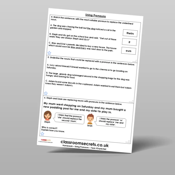 An image of the Using Pronouns Homework Resource