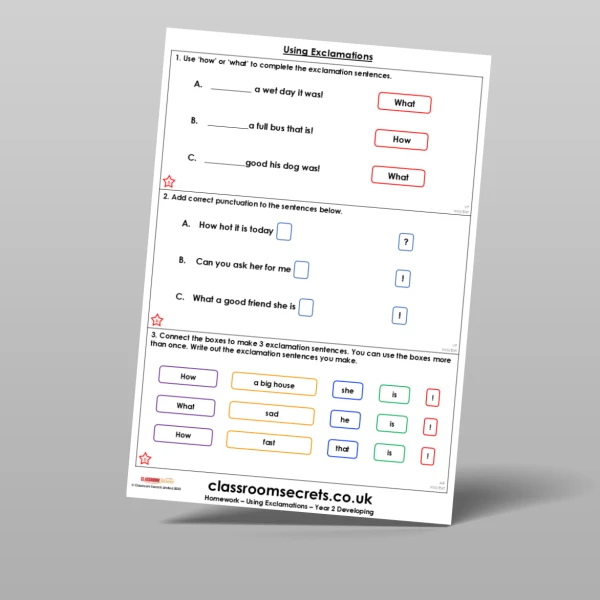 An image of the Using Exclamations Homework Resource