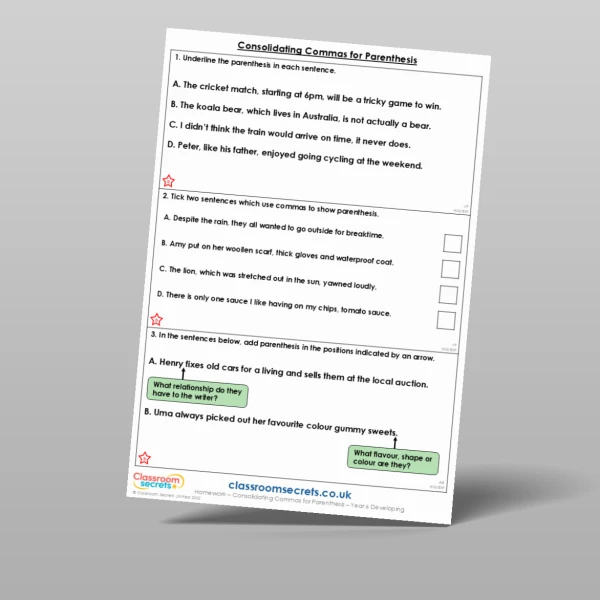An image of the Consolidating Commas for Parenthesis Homework Resource