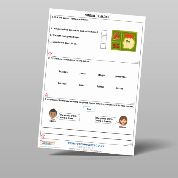 An image of the Adding '-s' or '-es' Homework Resource