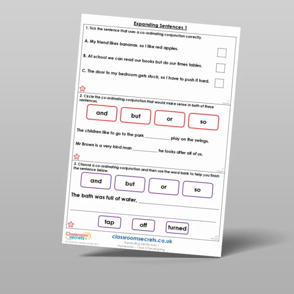 An image of the Expanding Sentences 1 Homework Resource