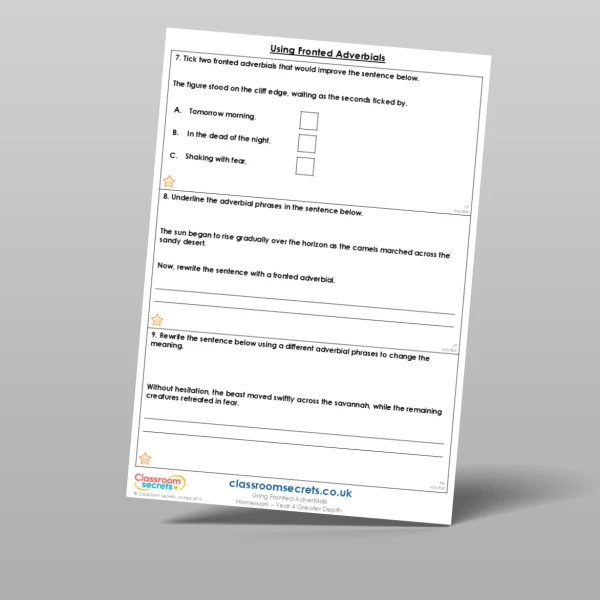 An image of the Using Fronted Adverbials Homework Resource
