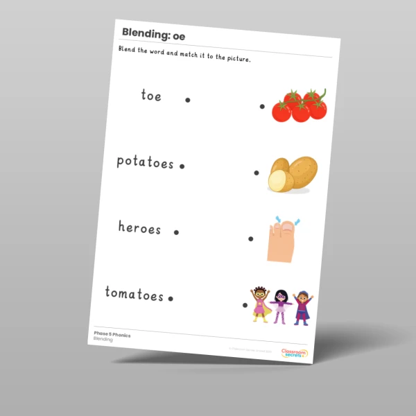 An image of the Phonics Blending Activities: oe Resource