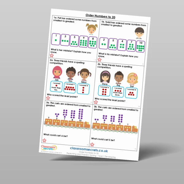 An image of the Order Numbers to 20 Reasoning and Problem Solving Resource