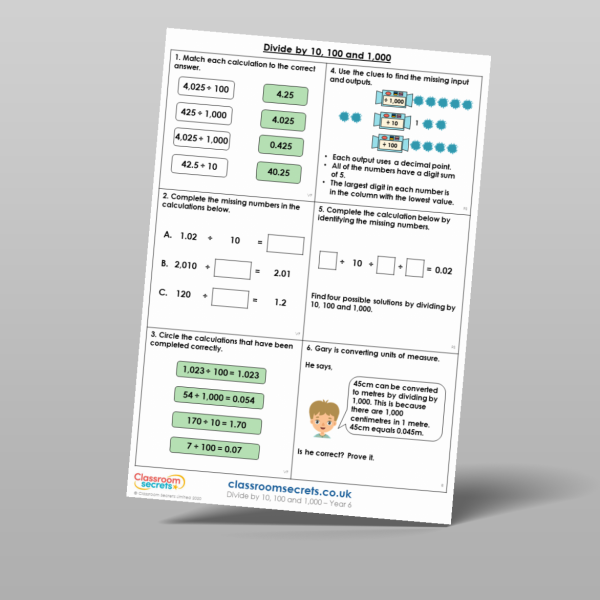 Year 6 Divide By 10 100 And 1 000 Mixed Activity Resource | Classroom ...