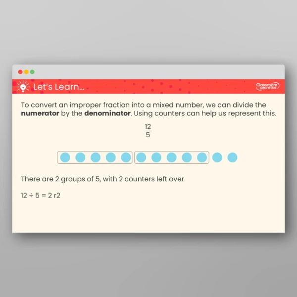An image of the Convert Improper Fractions to Mixed Numbers Teaching PPT Resource