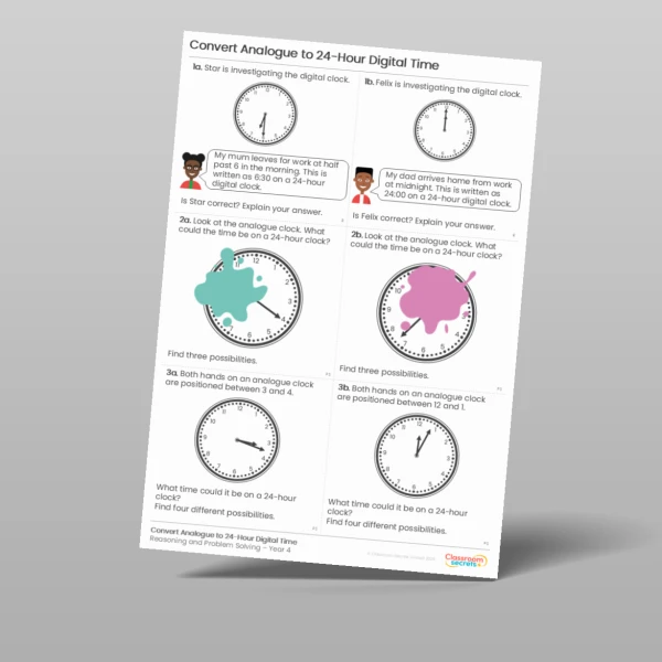 An image of the Convert Analogue to 24-Hour Digital​ Time Reasoning and Problem Solving Resource