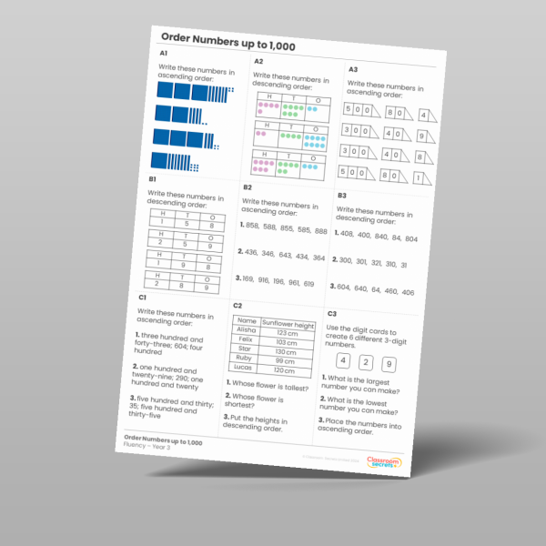 Year 3 Order Numbers Up To 1 000 Fluency Matrix Resource | Classroom ...