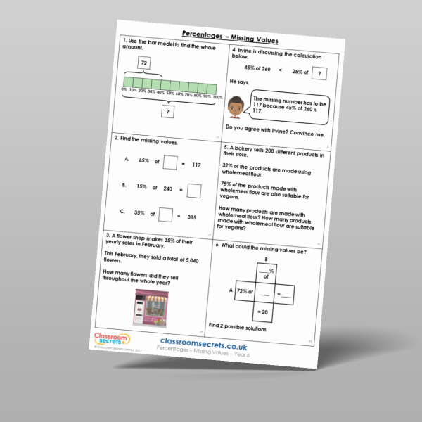 Year 6 Percentages Missing Values Mixed Activity Resource | Classroom ...